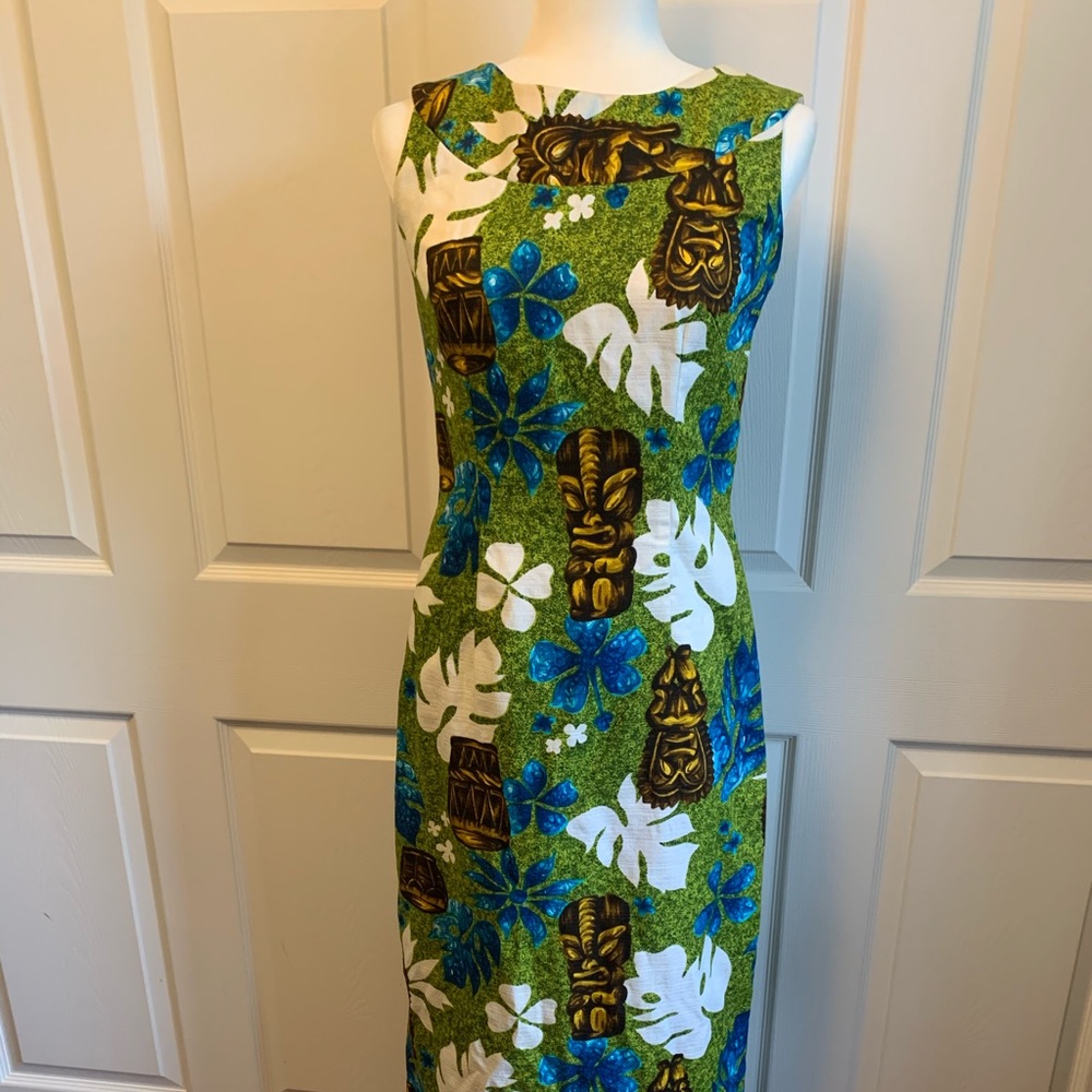 Vintage Barkcloth Tiki Dress with Back Drape